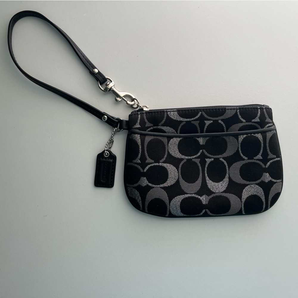 Coach Black Fabric Stitched Metallic Silver C Print Wristlet